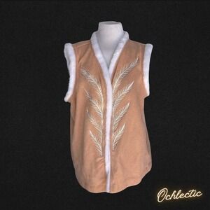 NWT Tan and cream Bob Mackie faux fur vest with embroidered leaves